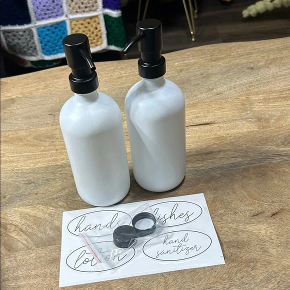 White glass Soap Dispenser Set with Black Pumps and labels - Picture 2 of 16